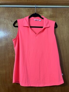 Lady Hagen Coral Pink Sleeveless Collared Tank